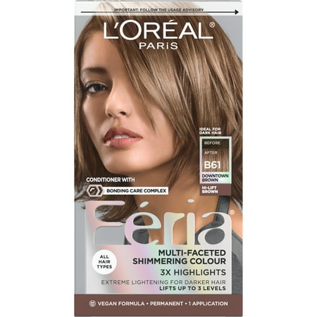 L'Oreal Paris Feria Shimmering Permanent Hair Color, B61 Downtown Brown, Strengthens Hair, 1 Kit *Damaged Box*
