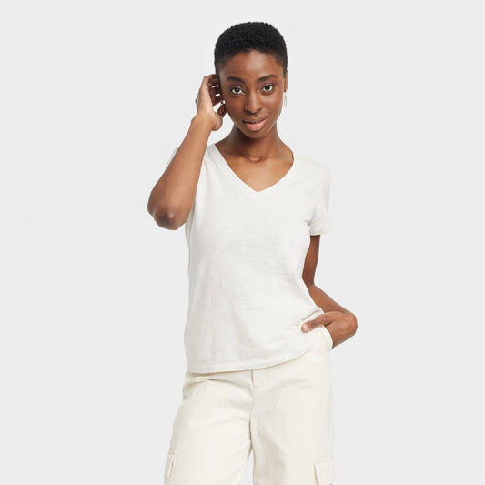 Women's XS Fitted V-Neck Short Sleeve T-Shirt - Universal Thread  Cream