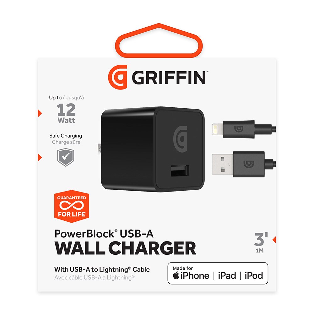 Griffin PowerBlock Universal USB-A 12W Wall Charger with USB-A to Lightning Cable - Black