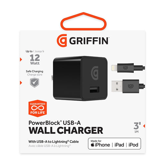 Griffin PowerBlock Universal USB-A 12W Wall Charger with USB-A to Lightning Cable - Black