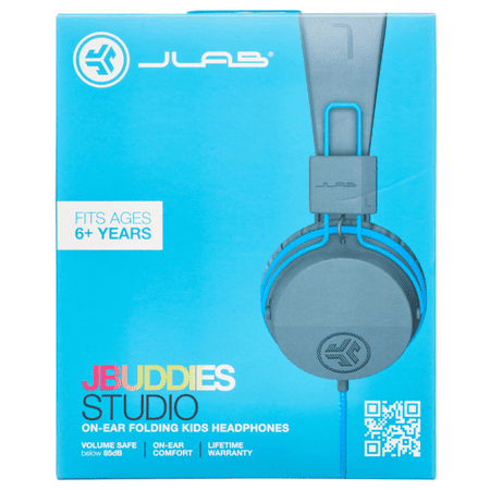 JLab JBuddies Studio On-Ear Kids Wired Headphones, Grey/Blue, Studio Volume Safe, Volume Limiter, Folding, Adjustable, Noise Isolation, with Mic *Damaged Box*