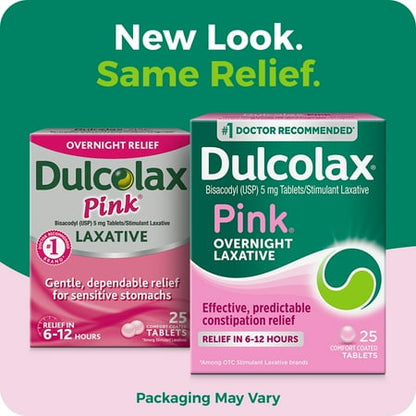 Dulcolax Pink Stimulant Laxative Tablets, Overnight Laxative, Predictable & Effective Constipation Relief, Relieves Straining & Bloating, Bisacodyl 5 mg, 25 Count