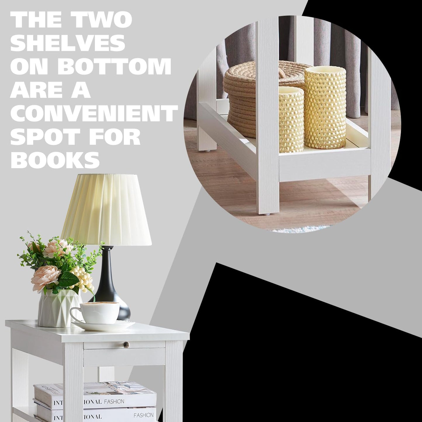 Slim Wood Side End Table with Storage Shelves & Pull-Out Tray - White