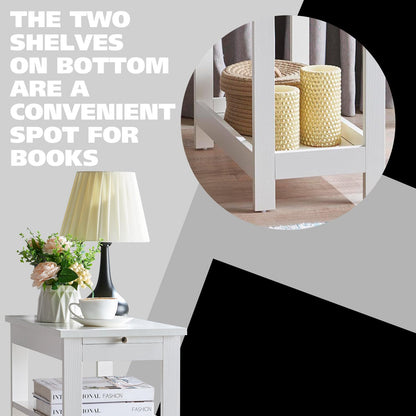 Slim Wood Side End Table with Storage Shelves & Pull-Out Tray - White