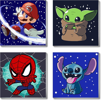 4 Pack Paint by Numbers Kit for Kids, Cartoon Framed Easy Paint by Numbers Kits for Kids Ages 4-8-12,DIY Acrylic Oil Painting for Home Wall Decor(8x8inch)