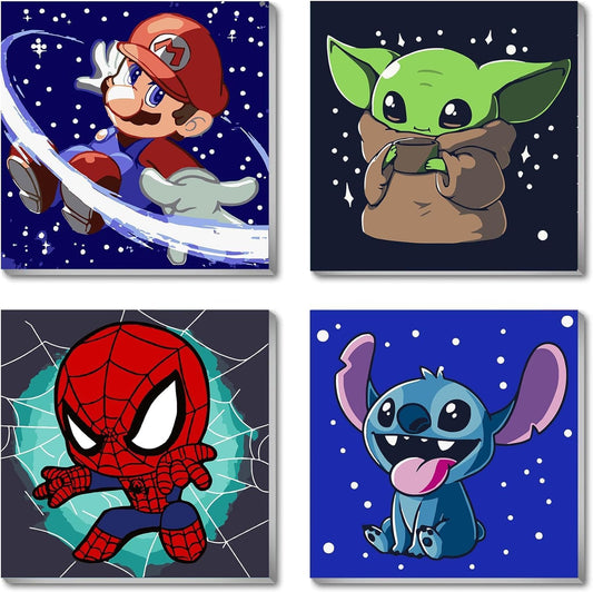 4 Pack Paint by Numbers Kit for Kids, Cartoon Framed Easy Paint by Numbers Kits for Kids Ages 4-8-12,DIY Acrylic Oil Painting for Home Wall Decor(8x8inch)