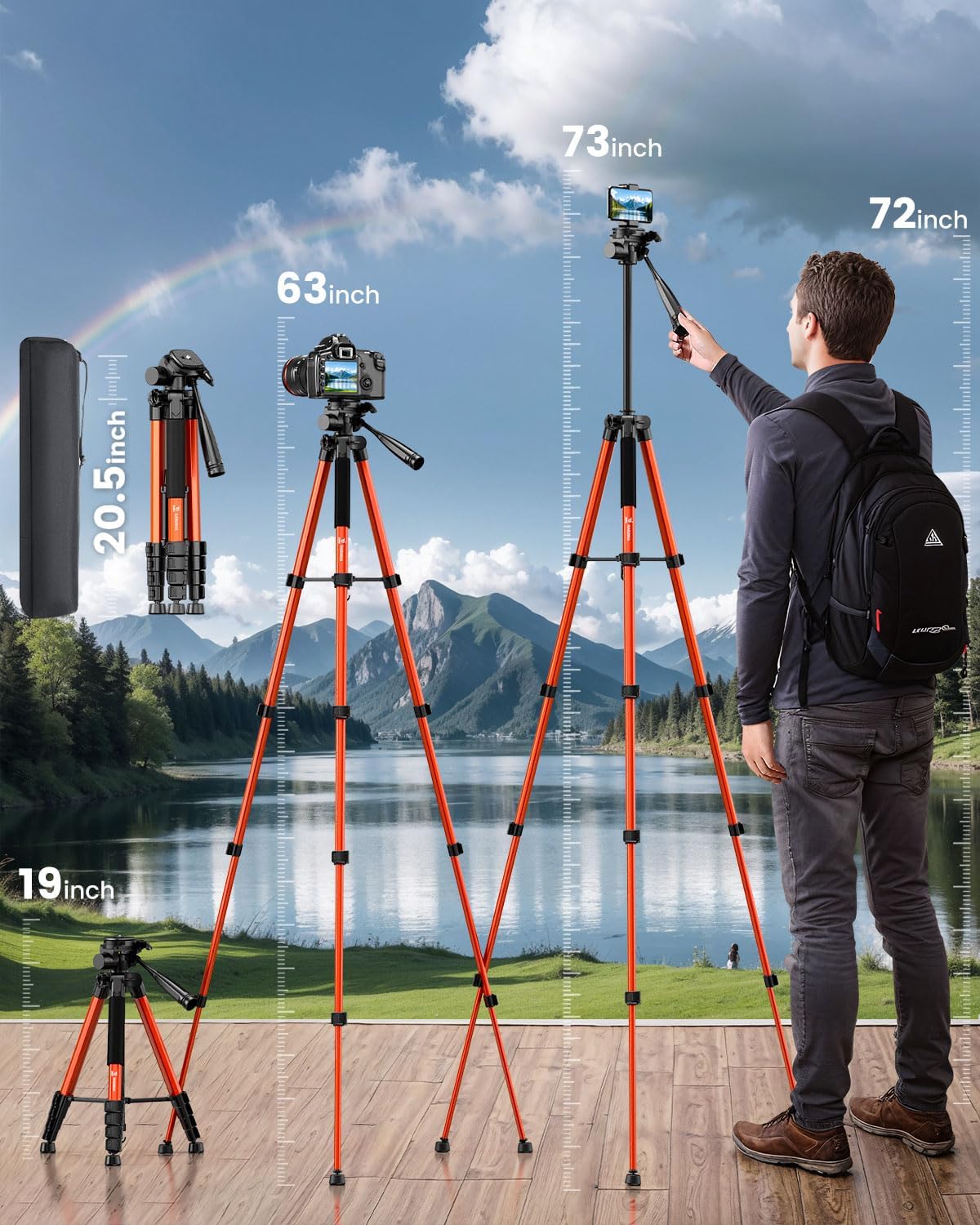 73 Inch Camera Tripod Stand, Aluminum Tripod with Phone Holder