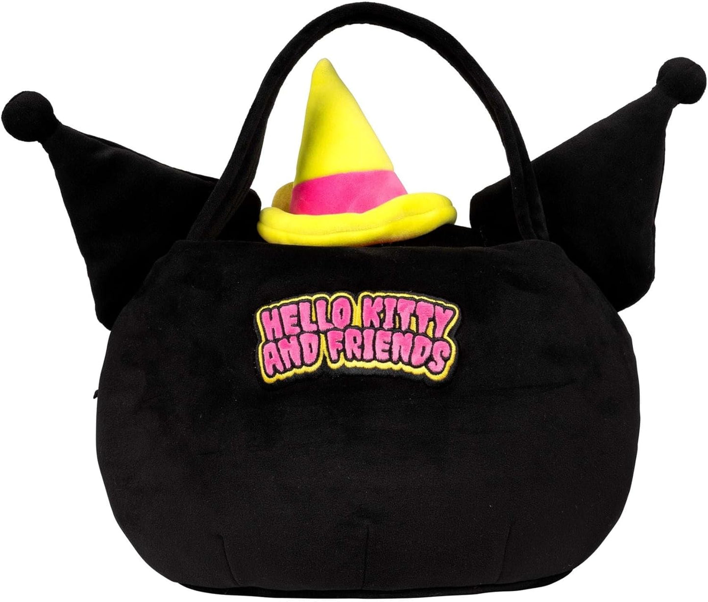 Hello Kitty Kuromi Plush Halloween Treat Pail with Embroidered Face, Soft Fabric and Top Opening