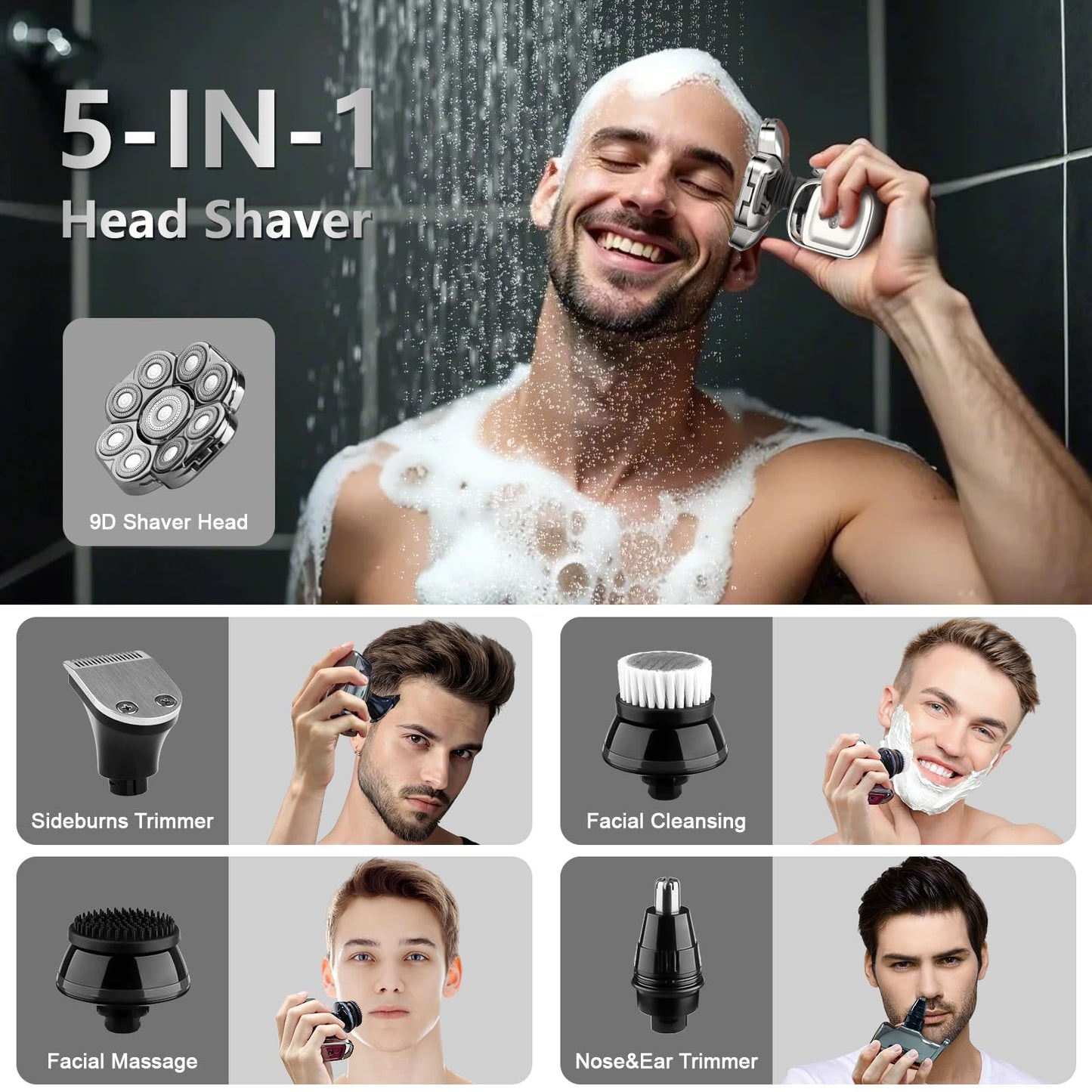 9D Head Shaver for Bald Men, 5-in-1 Electric Razor