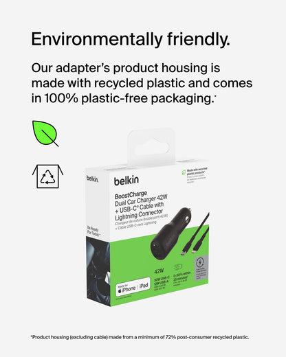 Belkin BoostCharge 42W Car Charger + USB-C to Lightning Cable