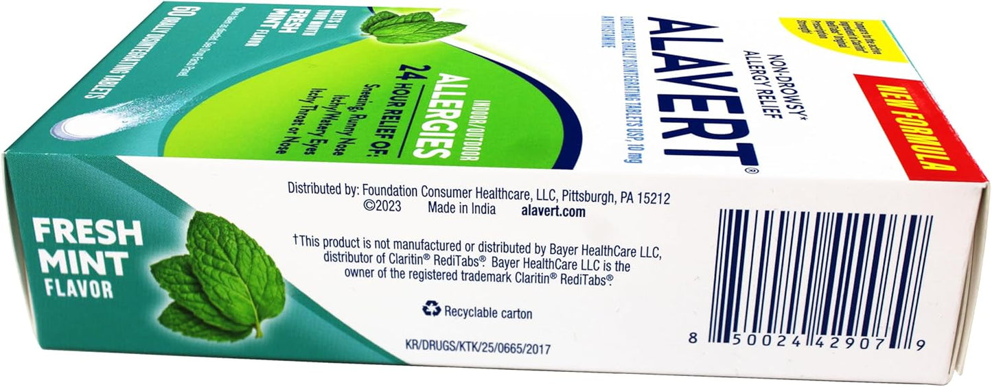 Alavert Allergy 24 Hour Relief, Fresh Mint Flavor, Orally Disintegrating Allergy Tablets, Non-drowsy Antihistamine, Loratadine 10mg, 60 Count *Exp 2/27*