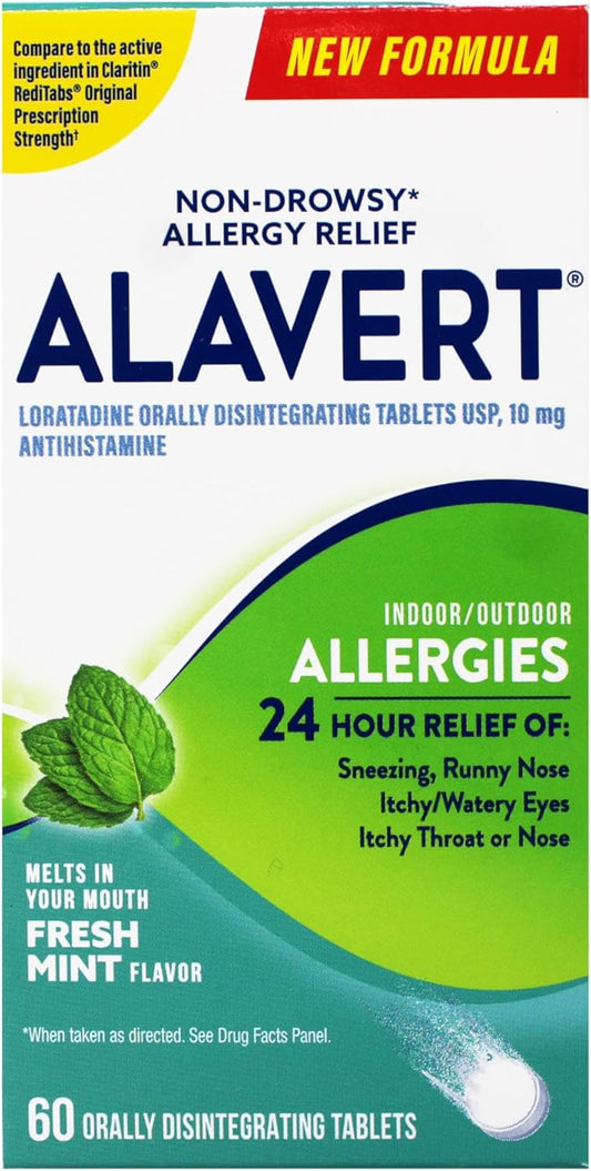 Alavert Allergy 24 Hour Relief, Fresh Mint Flavor, Orally Disintegrating Allergy Tablets, Non-drowsy Antihistamine, Loratadine 10mg, 60 Count *Exp 2/27*