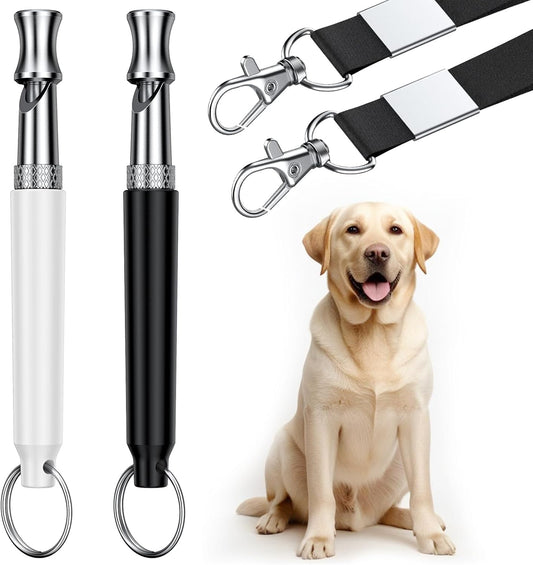 Dog Whistle, 2 Pack Dog Training Whistle with Lanyard, Adjustable Ultrasonic Silent Dog Recall Whistles, Professional Dog Whistle to Stop Barking Neighbors Dog (White and Black)