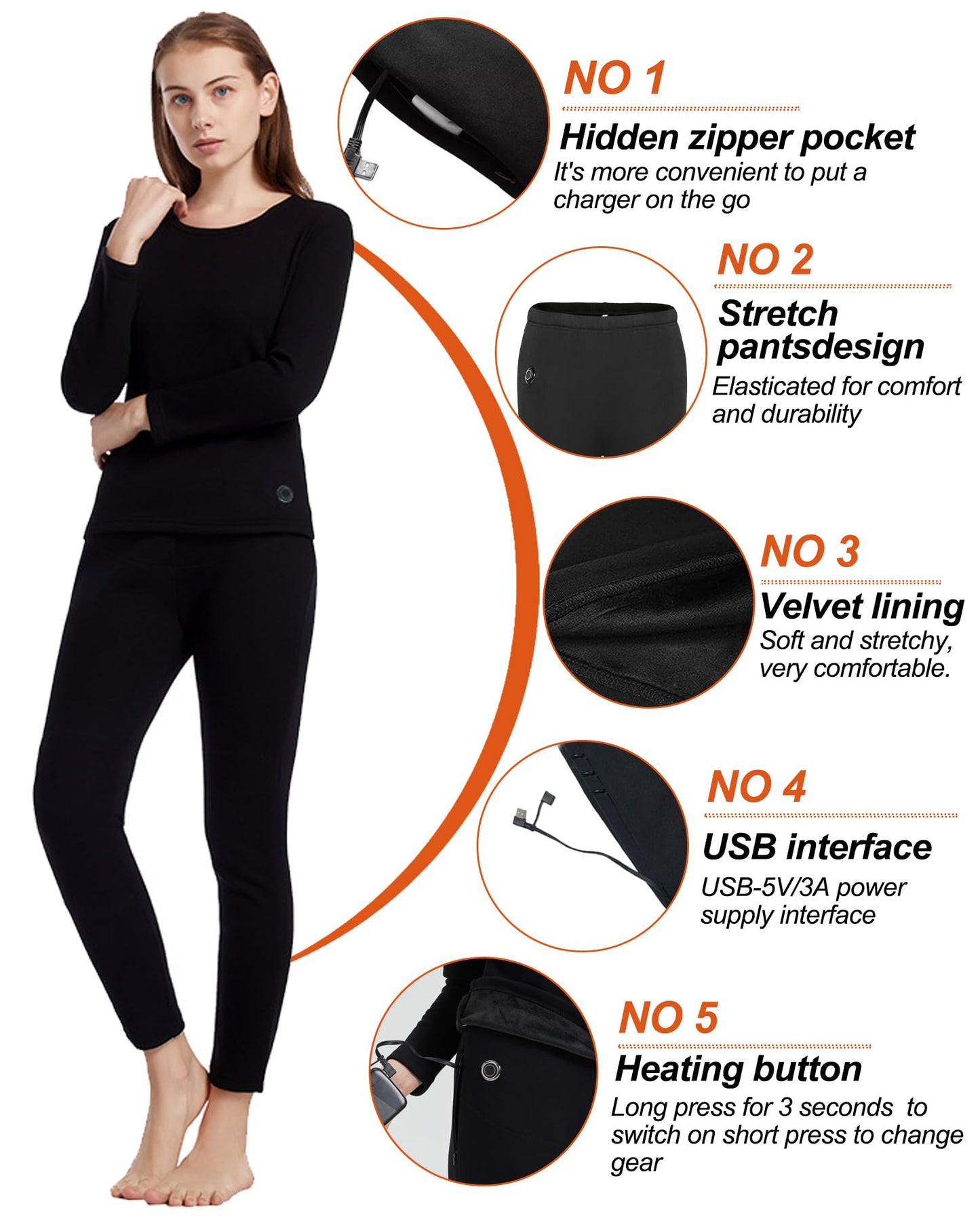Size Medium Women's Heated Thermal Underwear Set 16 Heating Zones