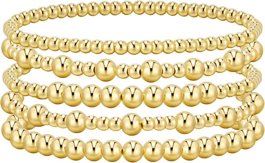 Fashion Jewelry Angyape Gold Bracelets for Women, 14K Gold Plated Beaded Bracelets Stretch Bead Ball Bracelet stack Set Adjustable Bracelet Set Jewelry for Gifts (Model 3)