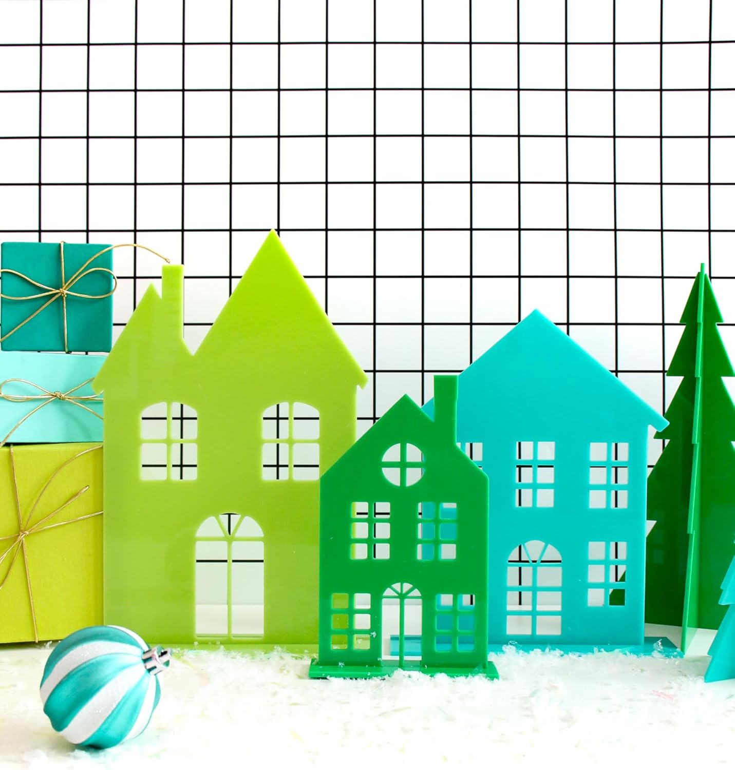 Acrylic 3D House Decor Set of 3, Green/Turquoise *Very Damaged Box*