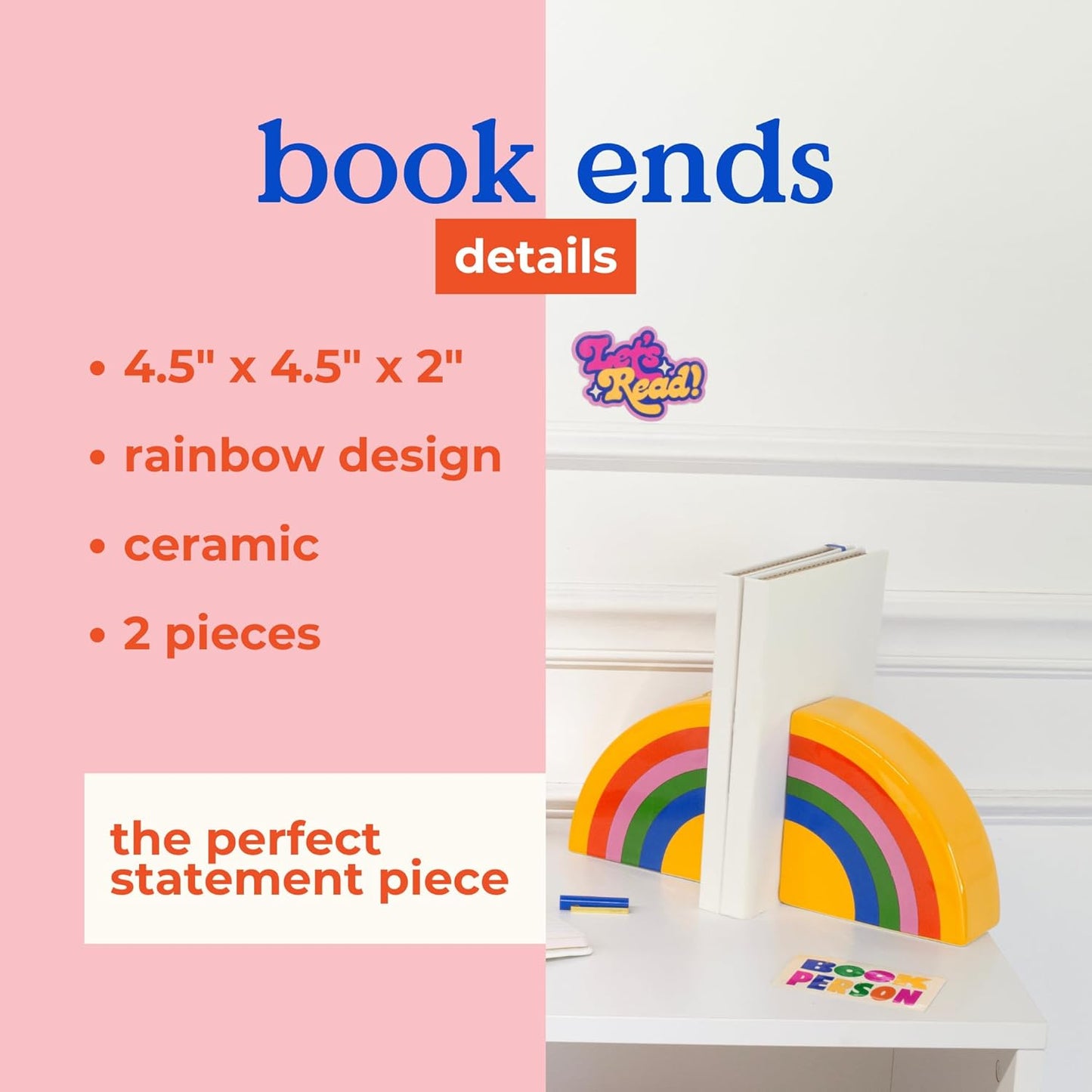Ban.do Rainbow Book Ends, Ceramic Cute Bookends Rainbow