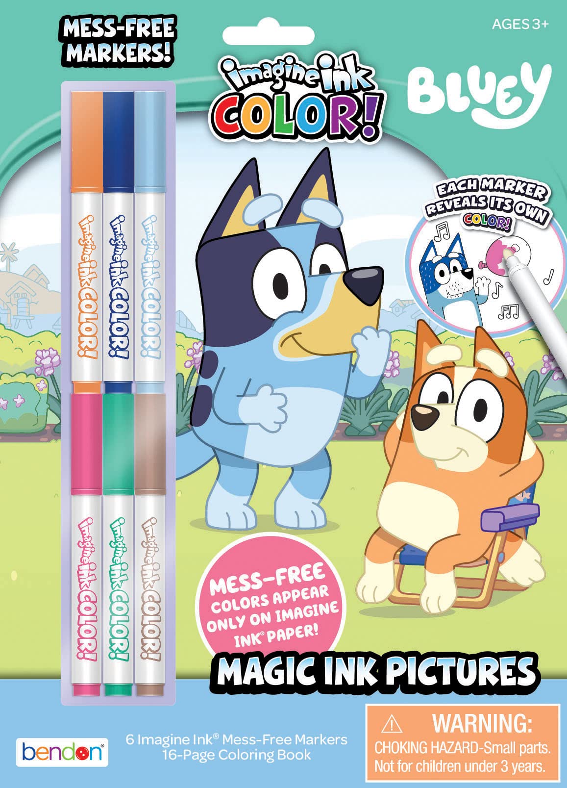 Bendon Inc. Bluey 16 Page Imagine Ink Coloring Book with 6 Mini Mess Free Markers, 57851