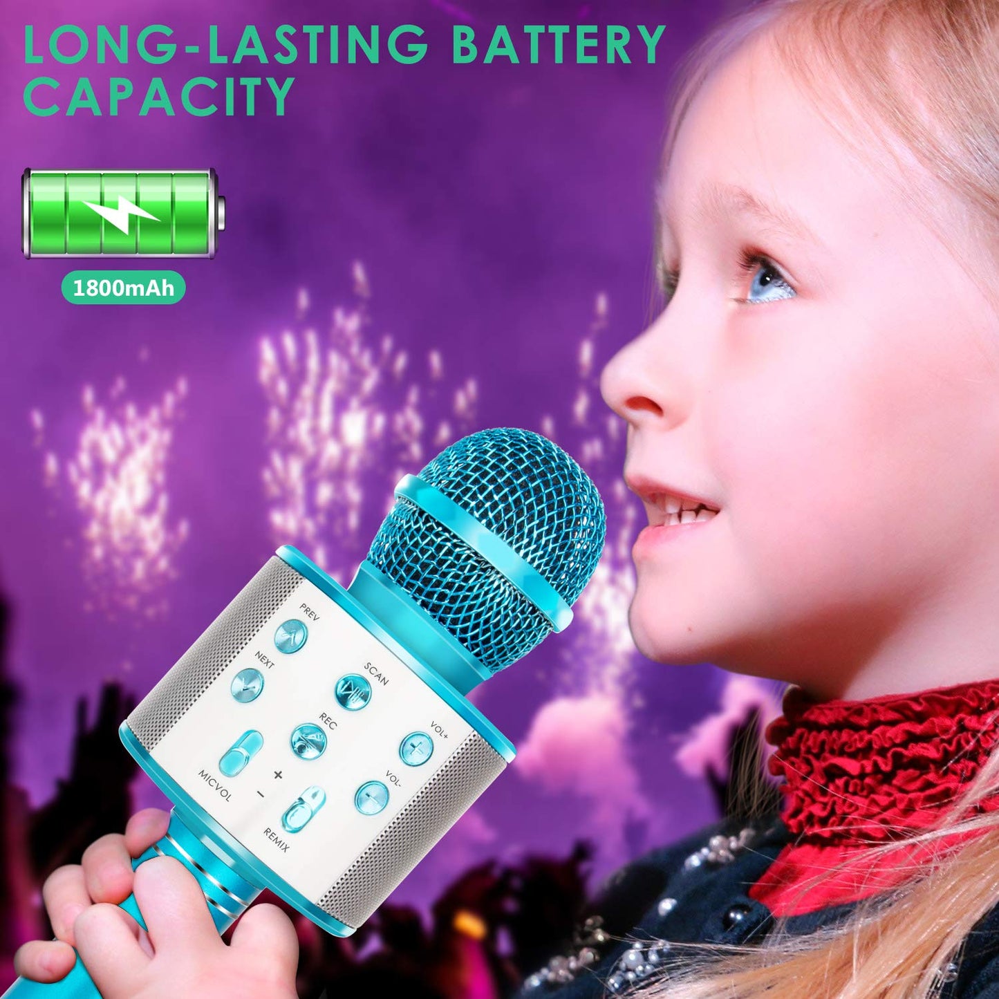 Wireless Bluetooth Karaoke Microphone for Kids (Blue)