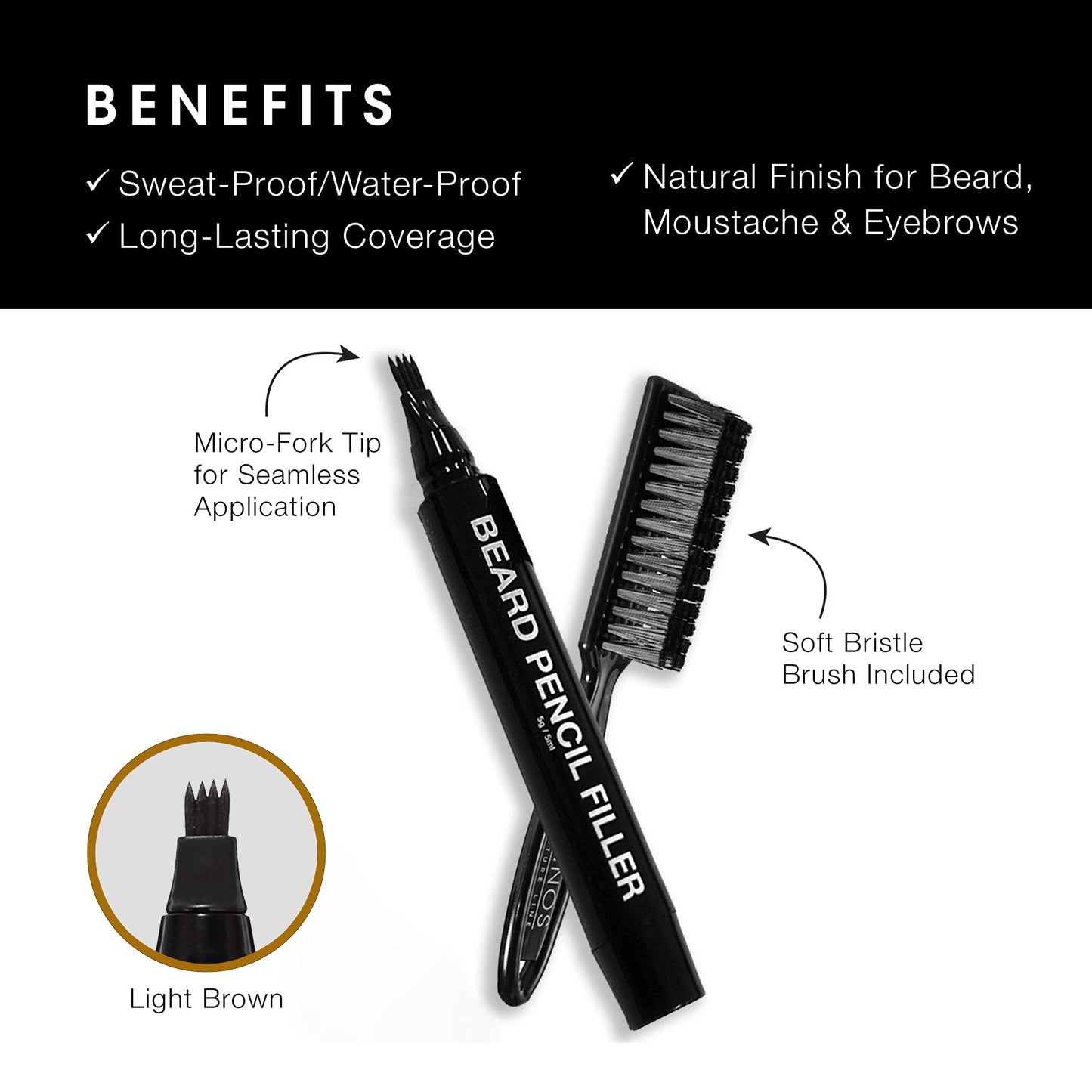 Pacinos Beard Pencil Filler - Bristle Brush Included(Light Brown)