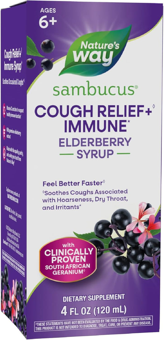 Nature's Way Sambucus Cough Relief +(1) Immune* Syrup, Feel Better Faster(1) Clinically Proven South African Geranium, with Elderberry Extract, Vitamin C & Zinc, Vegan, 4 Fl Oz (Packaging May Vary) *Exp 5/31/26*