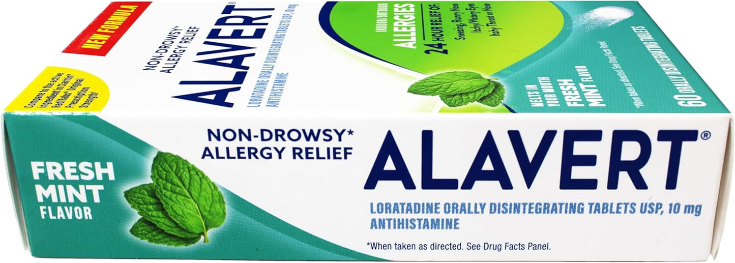 Alavert Allergy 24 Hour Relief, Fresh Mint Flavor, Orally Disintegrating Allergy Tablets, Non-drowsy Antihistamine, Loratadine 10mg, 60 Count *Exp 2/27*