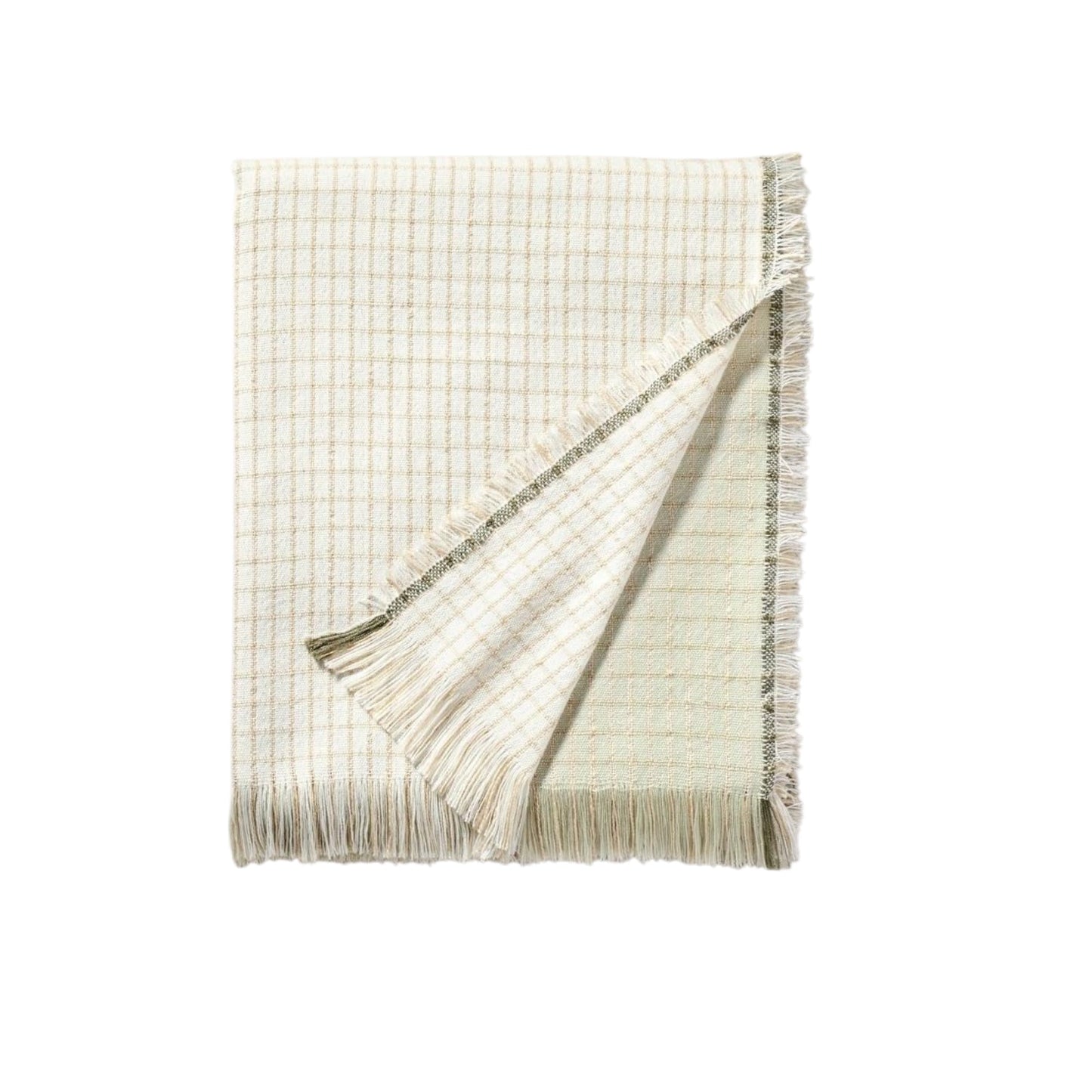 Woven Tan/Green Throw Blanket with Colorblock Pattern