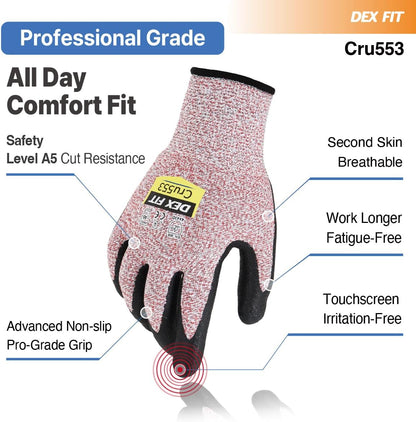 DEX FIT Professional Grade Level 5 Cut Resistant Gloves Cru553, Updated 2025 Coating, 3D Comfort Fit, Water-Based XS/6