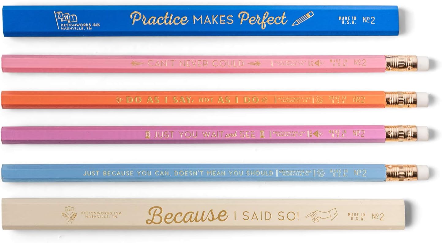 DesignWorks Ink Mother Knows Best Engraved Pencil Set Includes 6 Wooden Graphite Pencils with 2 Carpenter Pencils & 4 No. 2 Pencils with Erasers in a Boxed Set