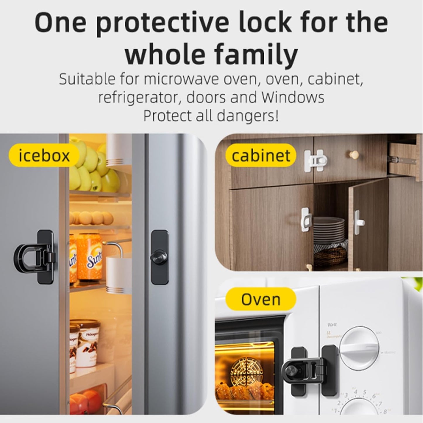2 Pack Child Proof Refrigerator Lock with Sticky Adhesive Pads - Black