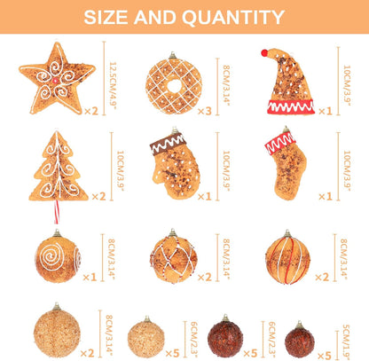 RoseCraft Baking Christmas Ornaments Set, 32PCS Artificial Shatterproof Christmas Tree Hanging Ball Gingerbread Decorations, for Indoor Home Holiday Party Xmas Vase Bowls Filler Centerpiece Decor **Damaged Box**