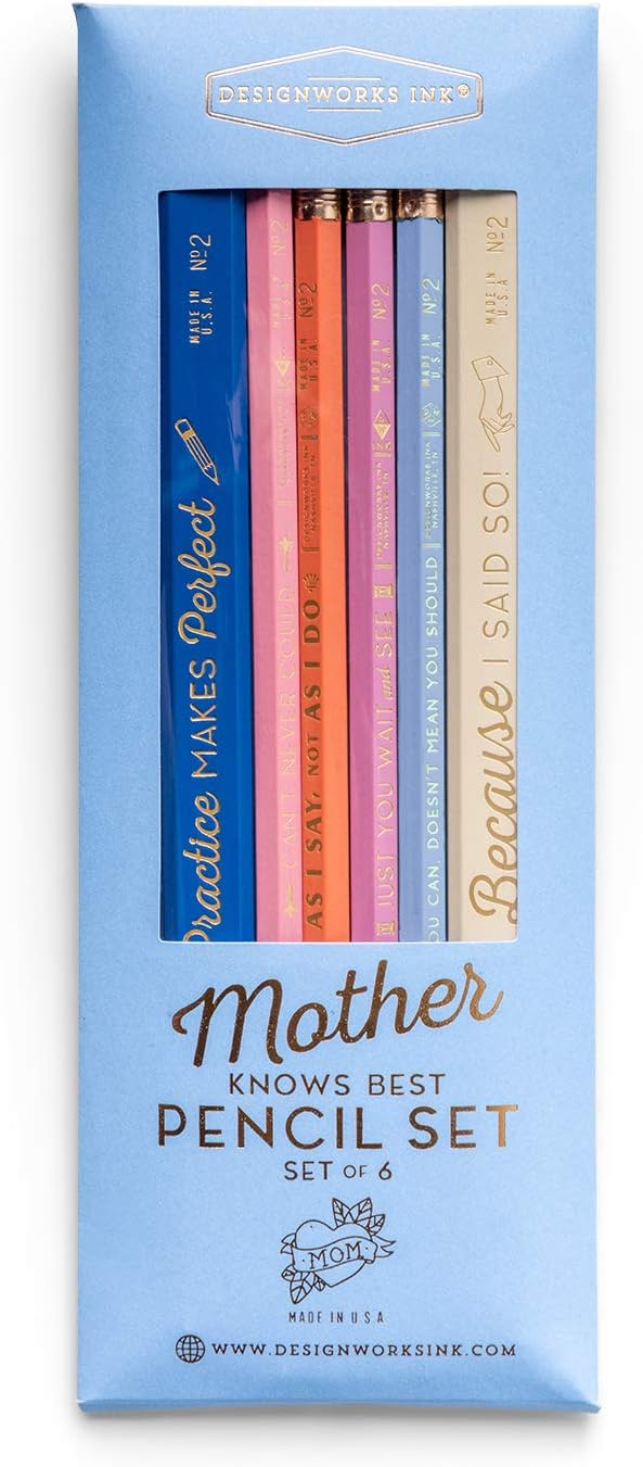 DesignWorks Ink Mother Knows Best Engraved Pencil Set Includes 6 Wooden Graphite Pencils with 2 Carpenter Pencils & 4 No. 2 Pencils with Erasers in a Boxed Set