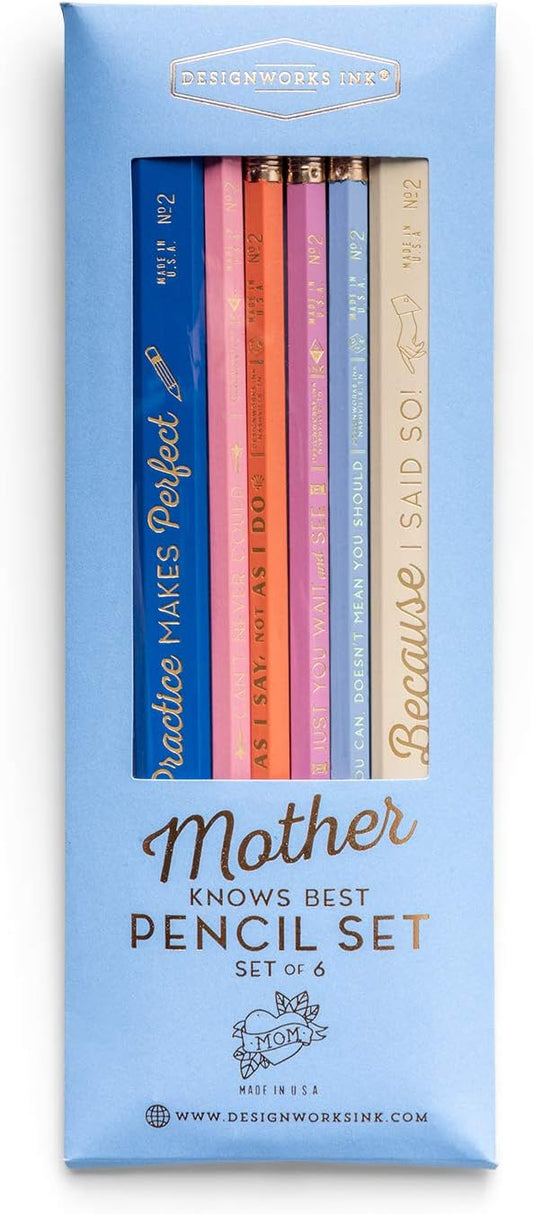 DesignWorks Ink Mother Knows Best Engraved Pencil Set Includes 6 Wooden Graphite Pencils with 2 Carpenter Pencils & 4 No. 2 Pencils with Erasers Set *Damaged Package*