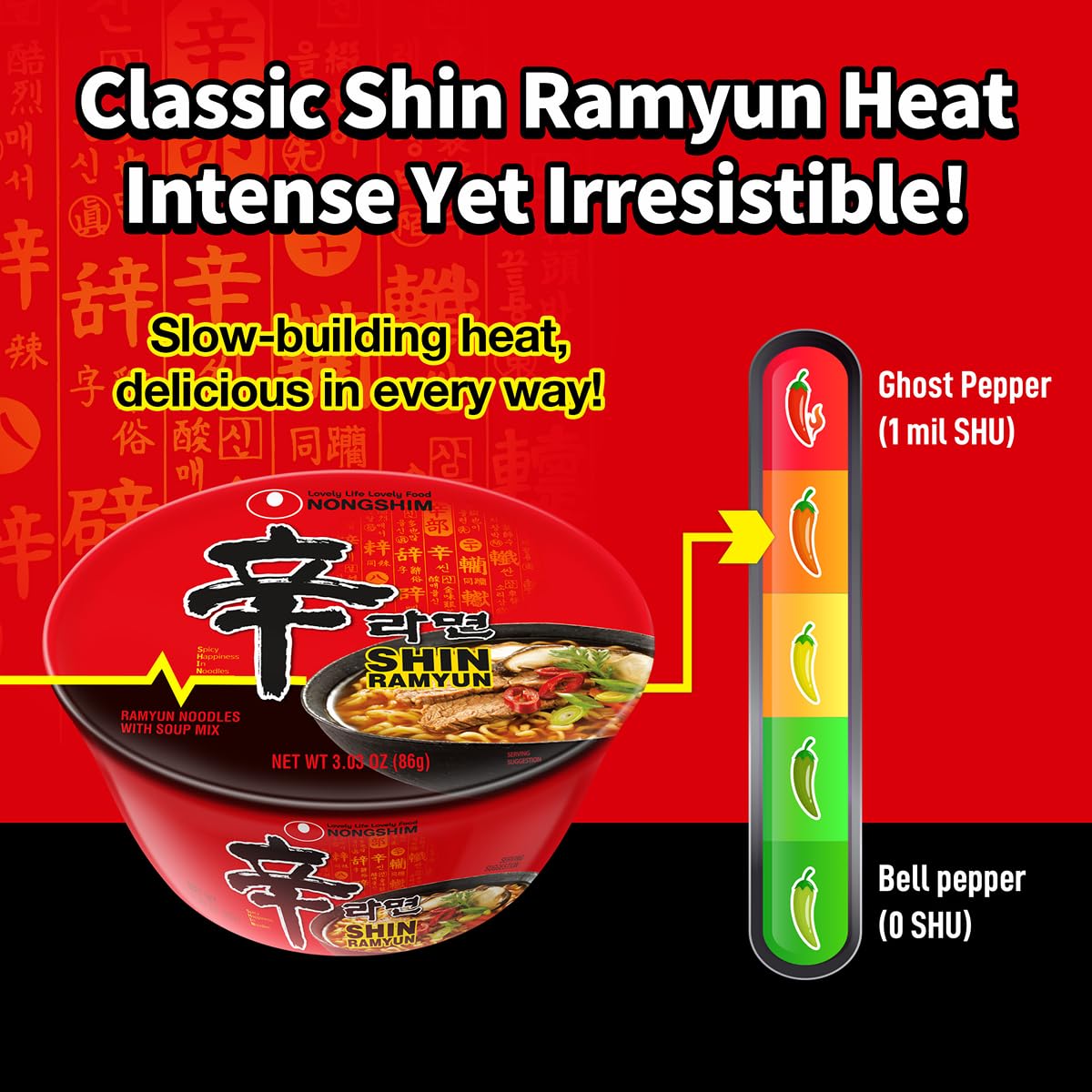 Nong Shim Shin Noodle Soup Bowl, Spicy, 3.03 Ounce (Pack of 12) (BB APR 5 2027)