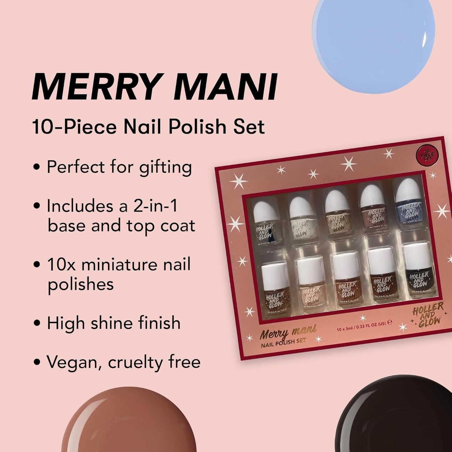 Holler & Glow Merry Mani Miniature Nail Polish Gift Set, Mini Size, Limited Edition, Base Coat, Top Coat, High Shine Finish, Glossy, Long Wearing, Quick Dry, Fast Dry, For Teen Girls, 12 Piece Set