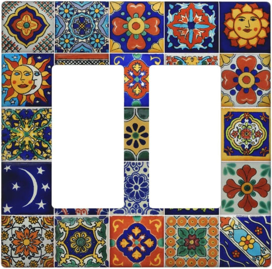 Colorful Vintage Blue Mexican Moroccan Talavera Tile Boho Hippy Sun Moon Tiles 2 Gang Double Decorator GFCI/Rocker Wall Plate Electric Outlet Decorative Receptacle Cover Light Switch for Dimmer