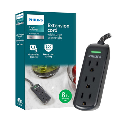 Philips 3-Outlet Flat Plug Extension Cord 8 Ft