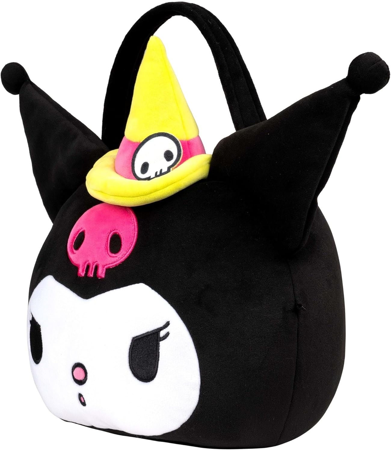 Hello Kitty Kuromi Plush Halloween Treat Pail with Embroidered Face, Soft Fabric and Top Opening
