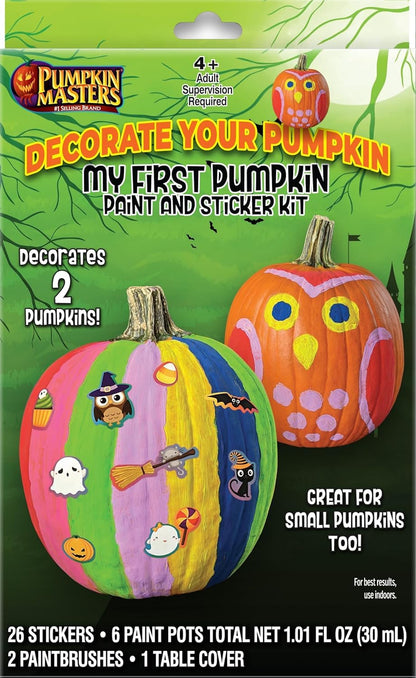Pumpkin Masters My First Pumpkin Paint & Sticker Kit - Safe, No-Carve Decorating Set for Kids with Paints, Stickers, and Clean-Up Mat