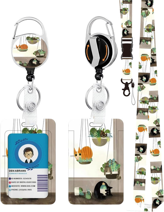 Cute Cat in Flowerpot ID Badge Holder with Lanyard Retractable Badge Reel Heavy Duty and Detachable Name Tag Clips Fashionable Vertical Card Protector for Women Student Teacher Nurse Office