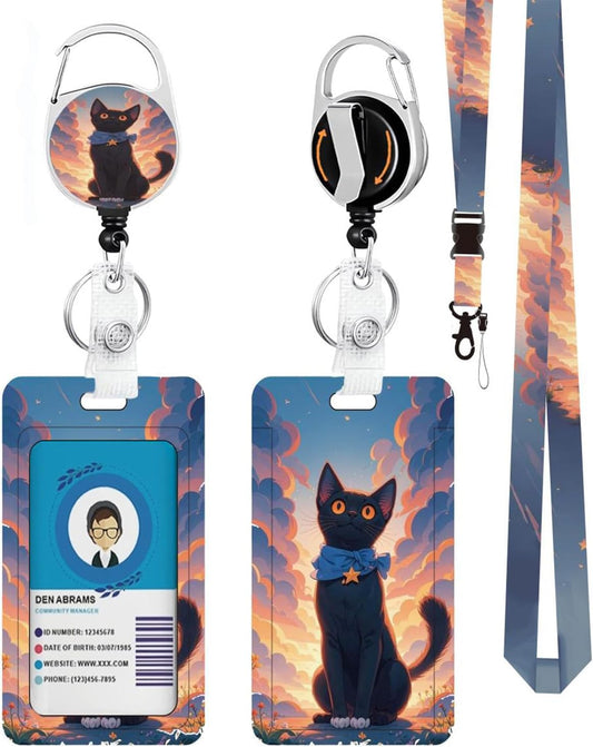 Cute Anime Black Cat ID Badge Holder with Lanyard Retractable Badge Reel Heavy Duty and Detachable Name Tag Clips Fashionable Vertical Card Protector for Women Student Teacher Nurse Office