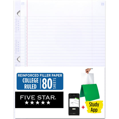 Five Star Loose Leaf Paper + Study App, College Ruled Filler Notebook Paper