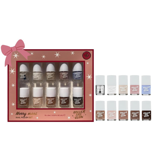 Holler & Glow Merry Mani Miniature Nail Polish Gift Set, Mini Size, Limited Edition, Base Coat, Top Coat, High Shine Finish, Glossy, Long Wearing, Quick Dry, Fast Dry, For Teen Girls, 12 Piece Set