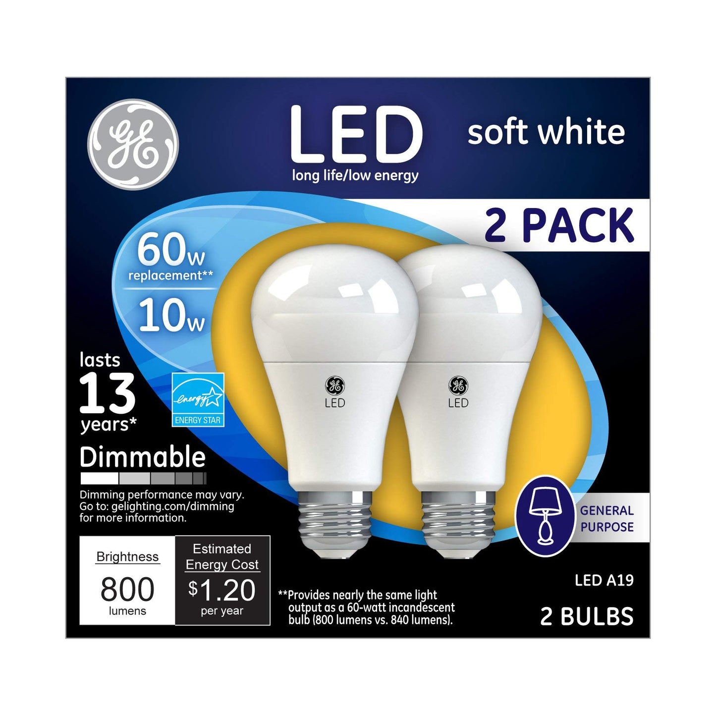 Soft White LED Bulbs, GE Classic 60W Replacement (Pack of 2)