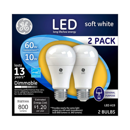 Soft White LED Bulbs, GE Classic 60W Replacement (Pack of 2)