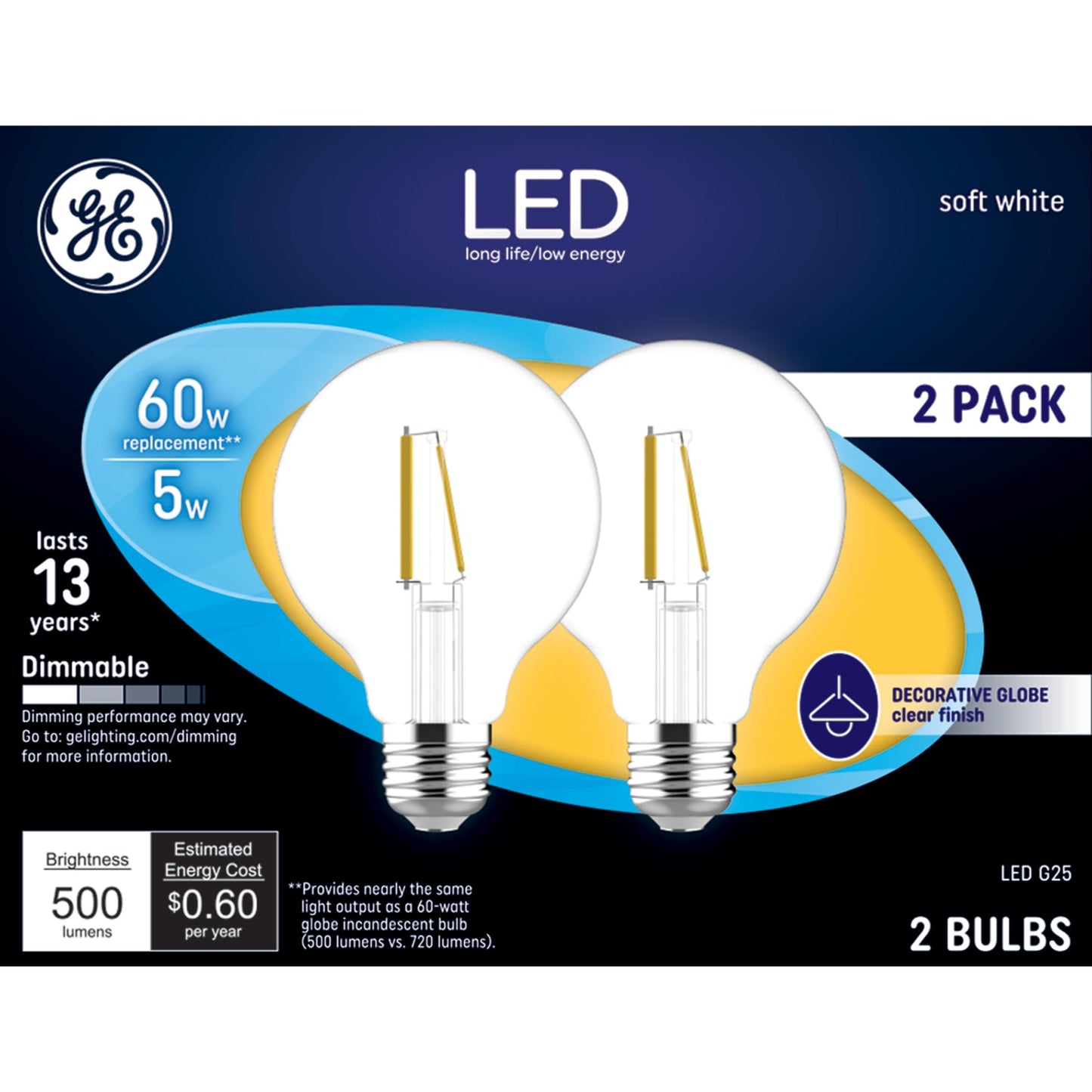 GE 2pk 60W G25 LED Globe Filament Clear Light Bulbs