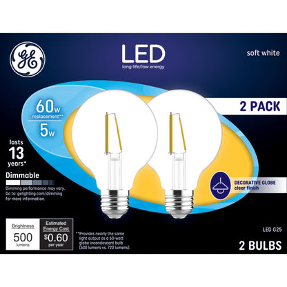 GE 2pk 60W G25 LED Globe Filament Clear Light Bulbs
