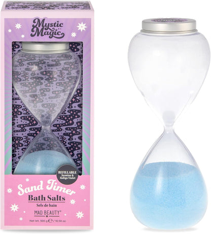 MAD BEAUTY Mystic Magic Hourglass Bath Timer Salts, Gorgeous Jasmine & Indigo Violet, Elegant & Reusable Sand Timer Dispenser with Bath Salts, Relax & Unwind, Great Self-Care Gift *Damaged Box*