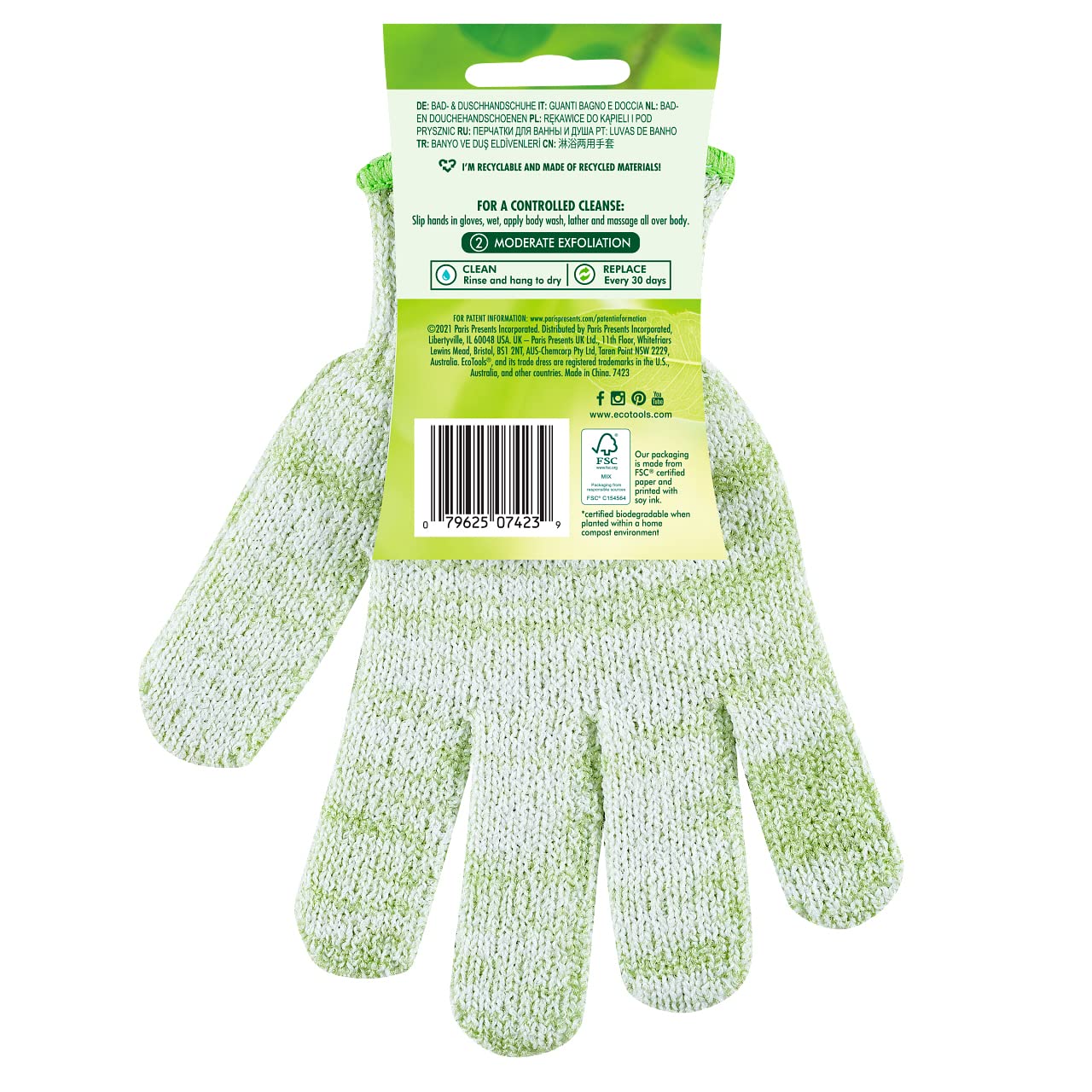 EcoTools Bath & Shower Gloves, Recycled Netting, Exfoliating, Gentle Cleansing for Whole Body, Fits All Hands, Green, 1 Pair