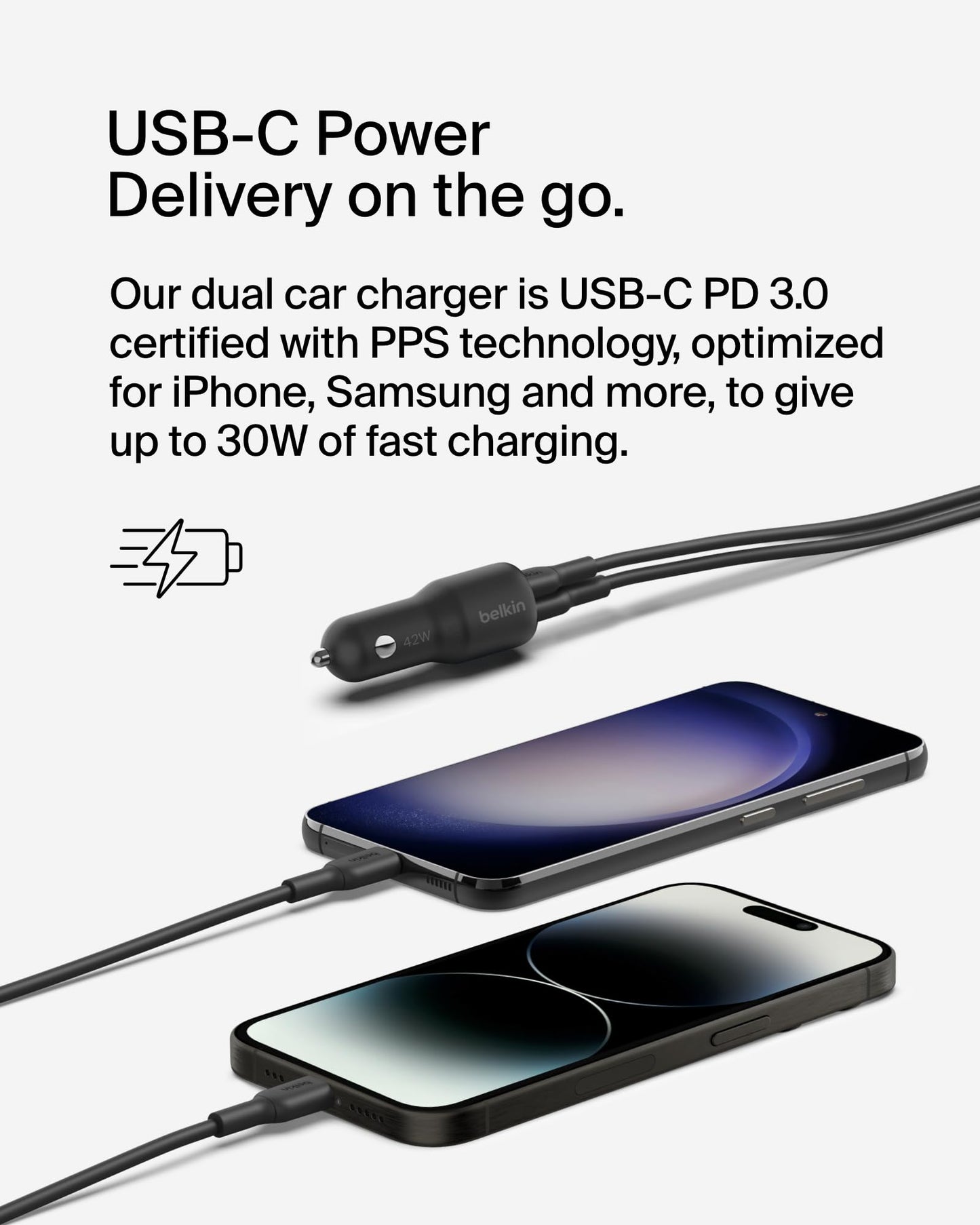 Belkin BoostCharge 42W Car Charger + USB-C to Lightning Cable